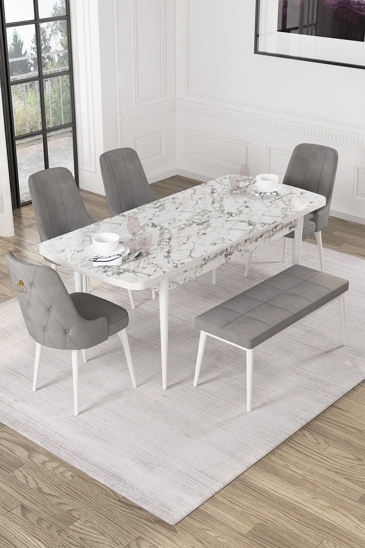 Mechta Beyaz Mermer Desen 80 X 132 Mdf Açılabilen Yemek Masası Takımı 4 Sandalye, 1 Bench-1