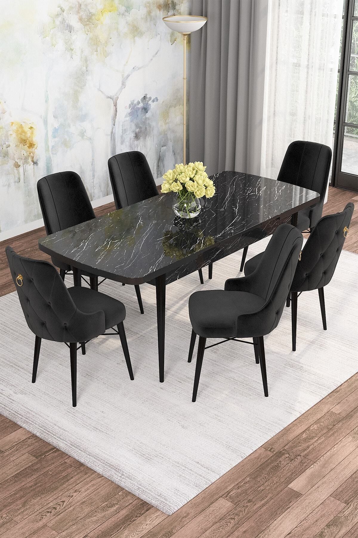 SONATA Siyah Mermer Desen 80 X 132 Açılabilen Mdf Yemek Masası Takımı 6 Adet Sandalye-1