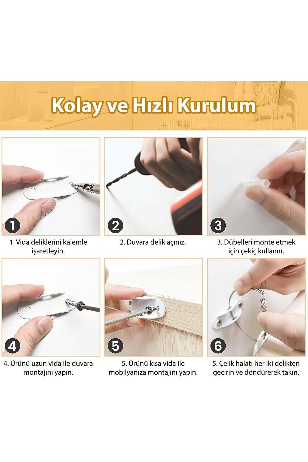 MR.BRACKET Çelik Halatlı Ağır Eşya Sabitleme Kiti - Bebek Koruyucu Çocuk Güvenliği Şifonyer Sabitleyici Aparat fotoğrafı 7 (önizleme)