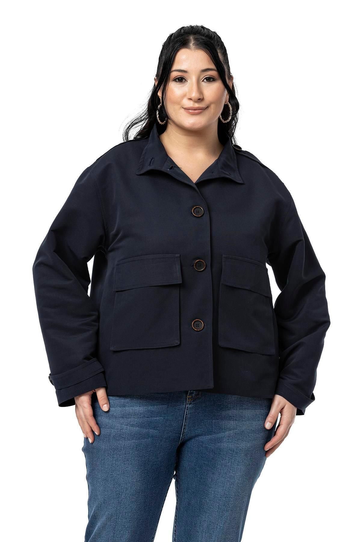 DISENTIS MODEST-Plus Size Stand Collar Cover Bag Pocket Lined Short Navy Blue Trench Coat 2