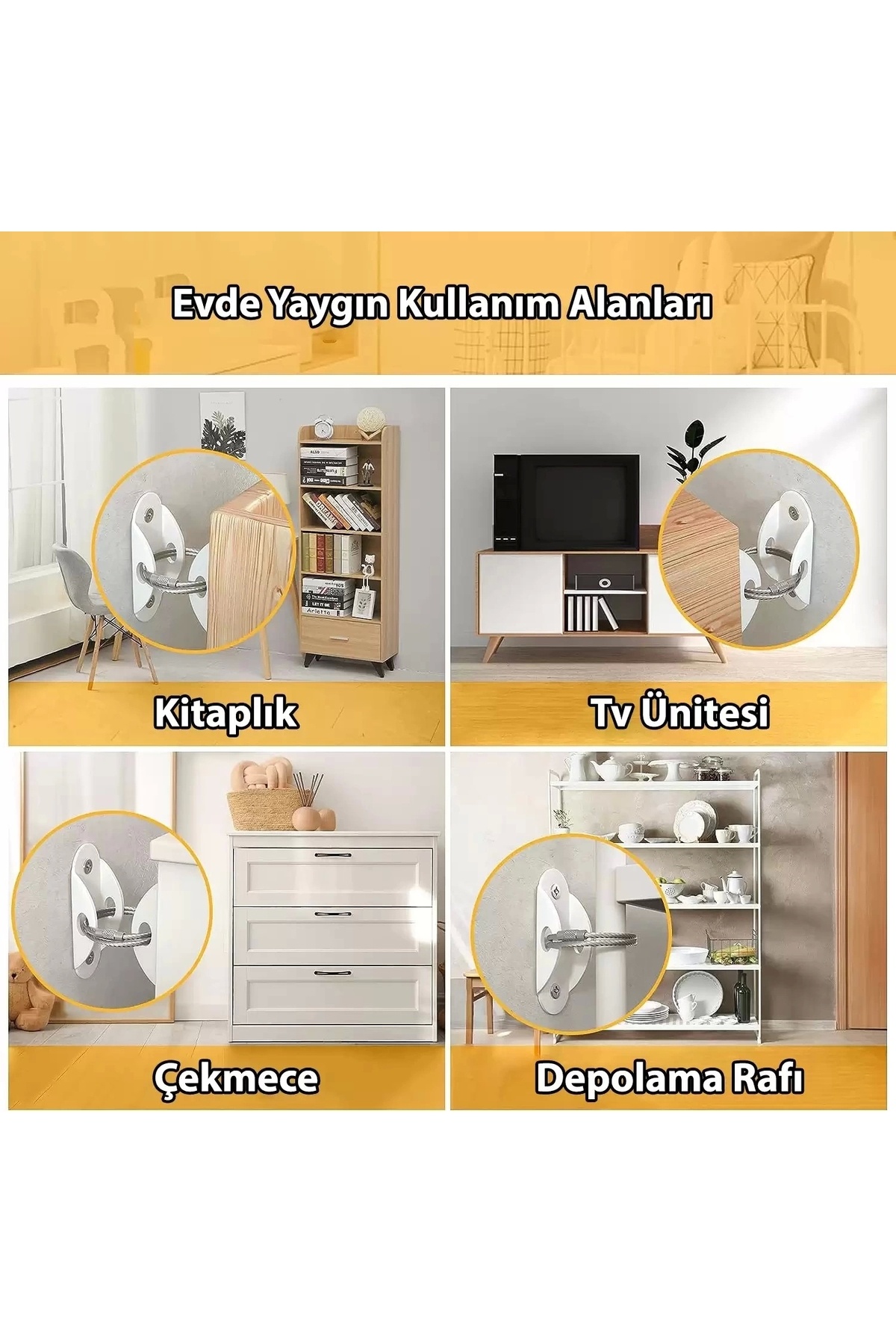 MR.BRACKET Çelik Halatlı Ağır Eşya Sabitleme Kiti - Bebek Koruyucu Çocuk Güvenliği Şifonyer Sabitleyici Aparat fotoğrafı 6 (önizleme)