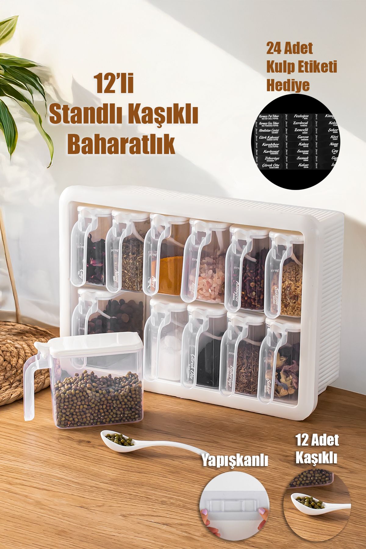 Porsima Simple 1168 Random 12'li Standlı,Yapışkanlı,Kaşıklı Kapaklı Baharatlık Saklama Kabı Seti-Beyaz Beyaz