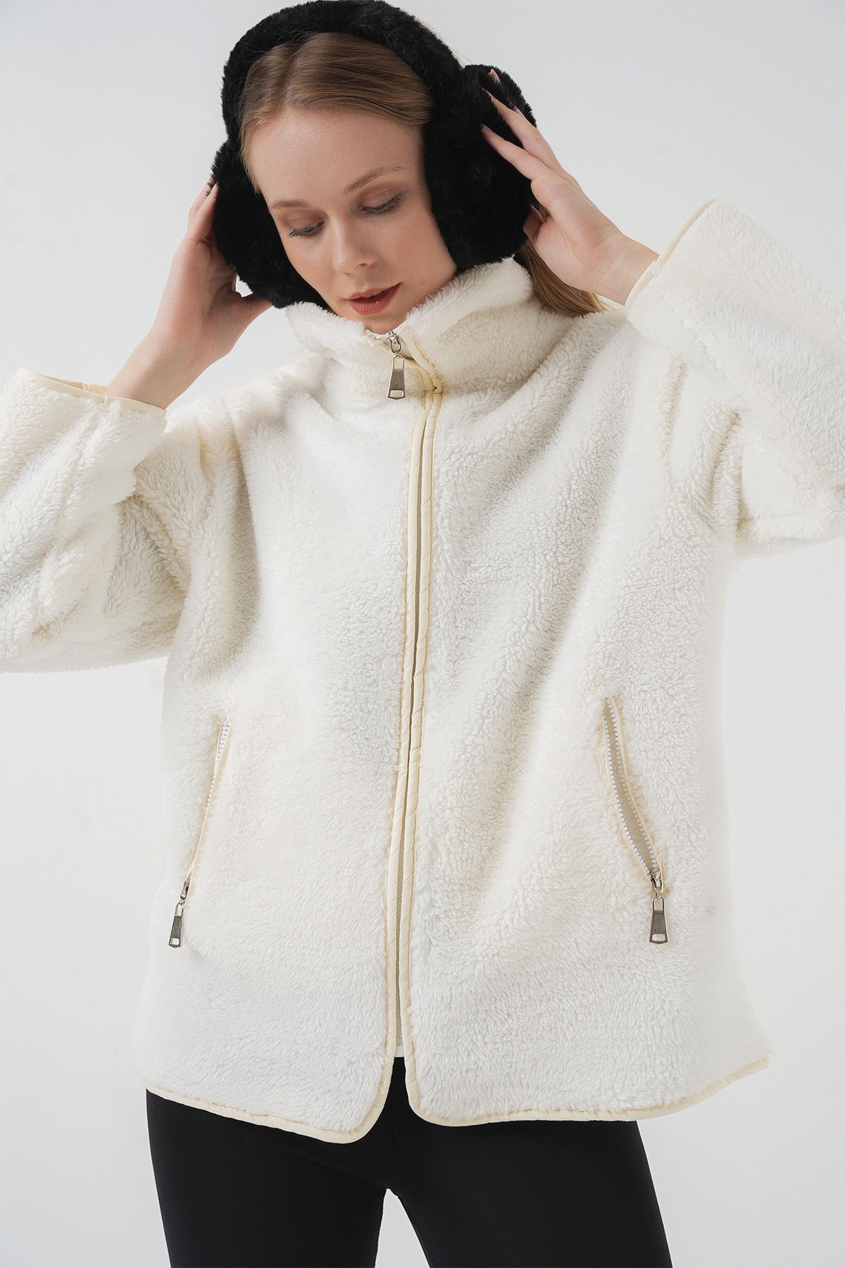 Bigdart-Ecru 5211 Zippered Plush Coat 5