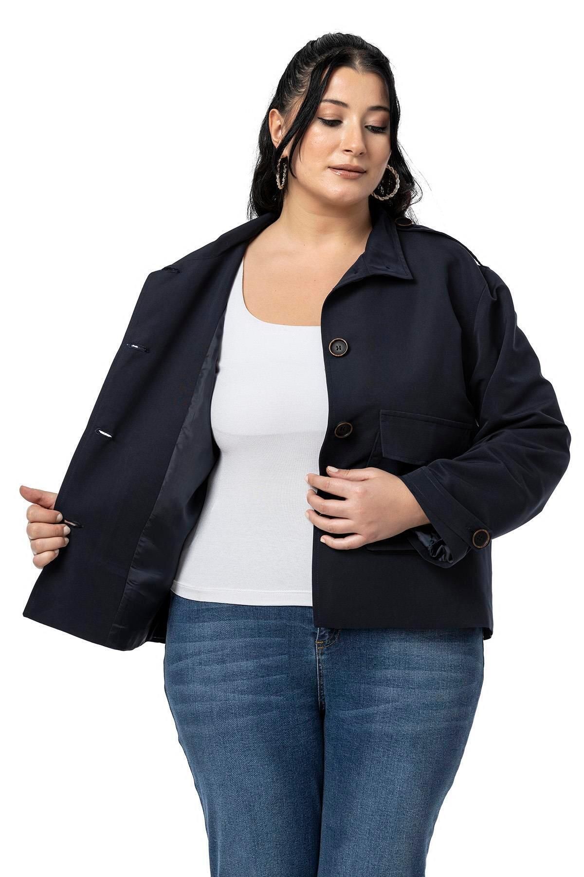 DISENTIS MODEST-Plus Size Stand Collar Cover Bag Pocket Lined Short Navy Blue Trench Coat 5