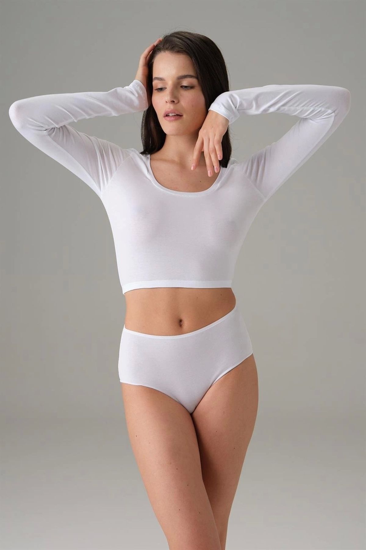 Miravm Doreanse Beyaz Kadın Basic Uzun Kol Crop T Shirt 8513