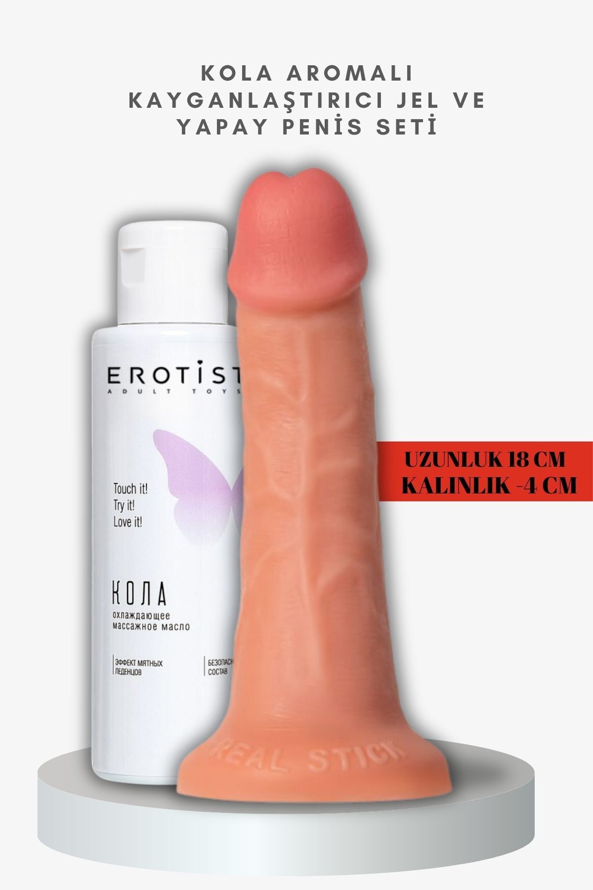 Erotist Kola Aromalı Kayganlaştırıcı Jel ve Caliber 18 cm Yapay Penis Seti - Strapon Uyumlu, 4 cm Çap