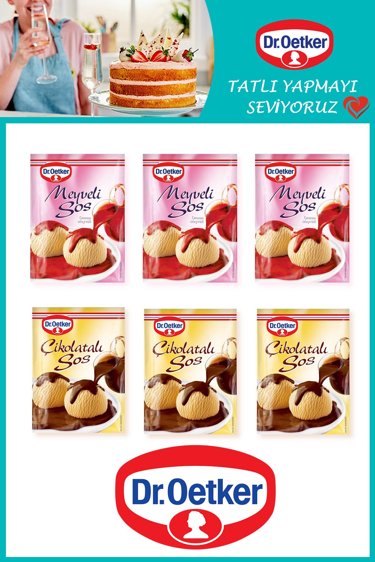 Dr. Oetker Meyveli Tatlı Sos 77 gr x 3 Adet + Çikolatalı Tatlı Sos 123 gr x 3 Adet