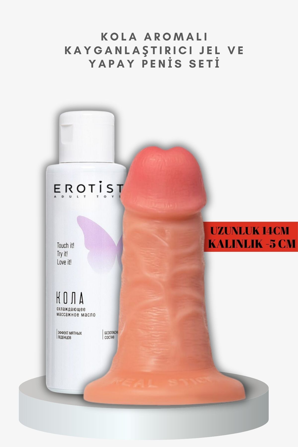 Erotist Kola Aromalı Kayganlaştırıcı Jel ve Caliber 14 cm Yapay Penis Seti - 5 cm Kalınlıkta, Gerçekçi His