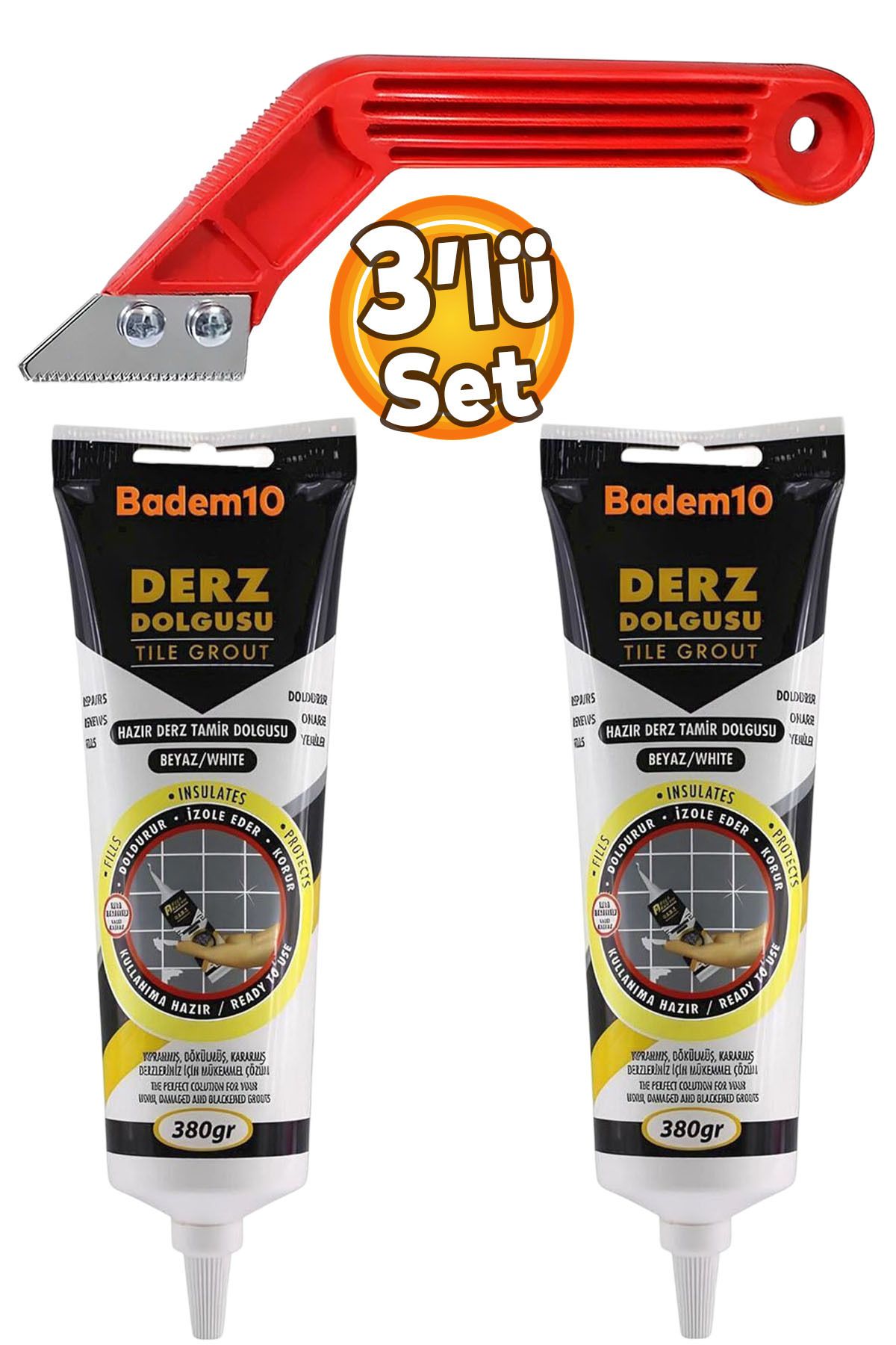 Badem10 (3'lü SET) Fayans Arası Beyaz Hazır Derz Boyama Dolgusu + Derz Kazıyıcı Temizleyici