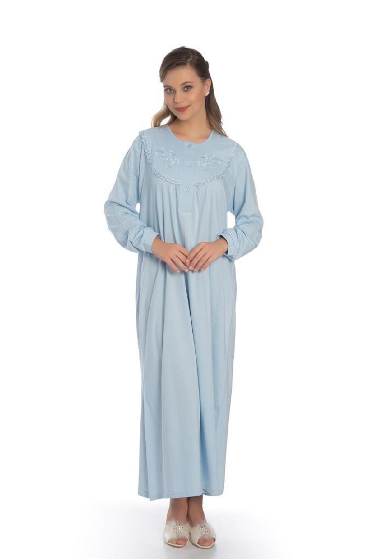 AKALA -dy Pamuklu Uzun Kol Penye Kadın Gecelik 9001