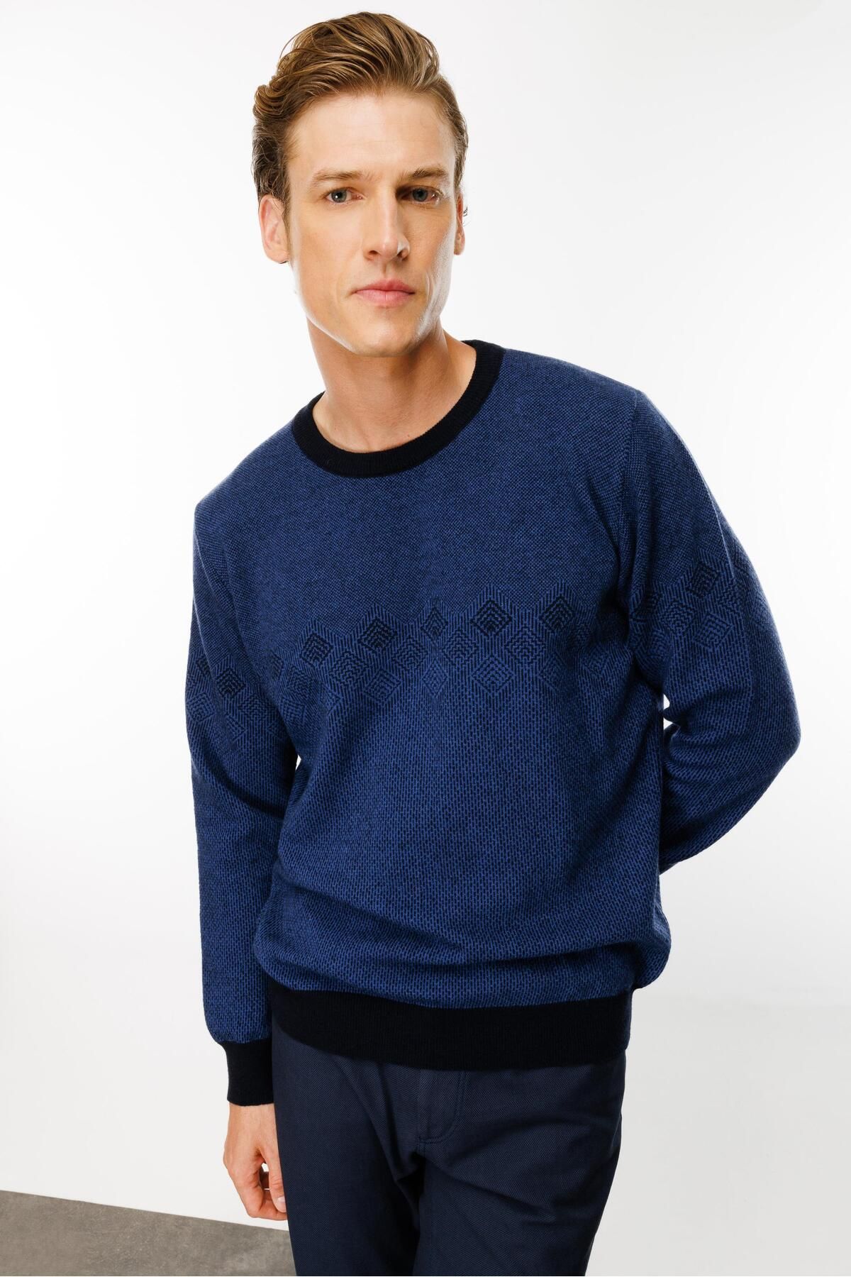 Desen Triko-Men's Crew Neck Chest Diamond Patterned Wool Sweater Dark Navy Blue 6