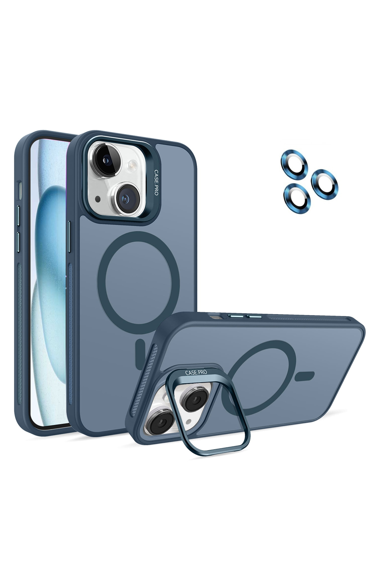 Apple iPhone 15 ile Uyumlu Lens Hediyeli Kamera Korumalı  Wireless Şarj Özellikli Standlı Premium Kılıf - Lacivert