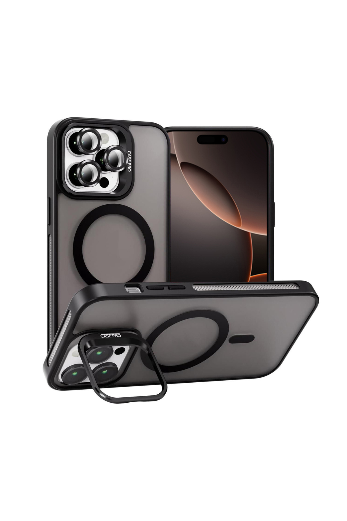 Apple iPhone 16 Pro Max ile Uyumlu Lens Hediyeli Kamera Korumalı Wireless Şarj Özellikli Standlı Premium Kılıf - Siyah