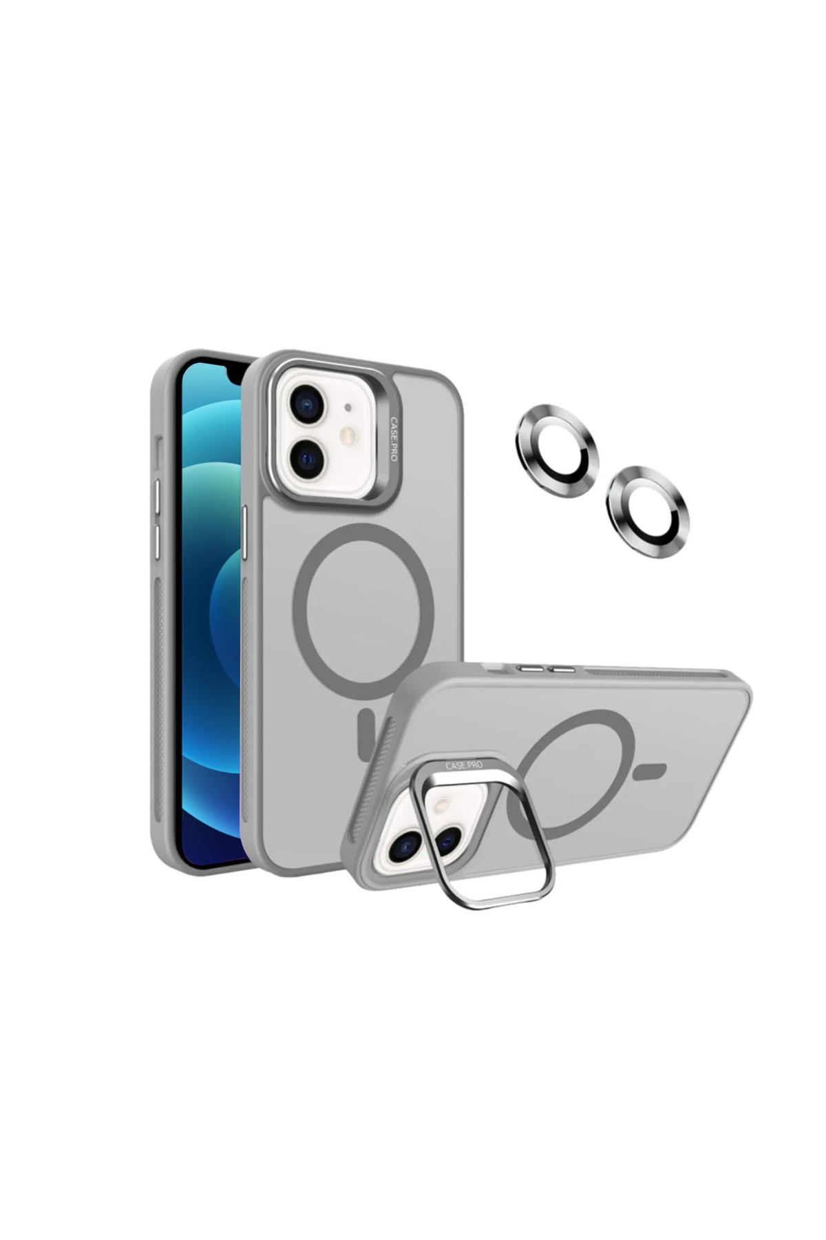 Apple iPhone 12 ile Uyumlu Lens Hediyeli Kamera Korumalı  Wireless Şarj Özellikli Standlı Premium Kılıf - Gri