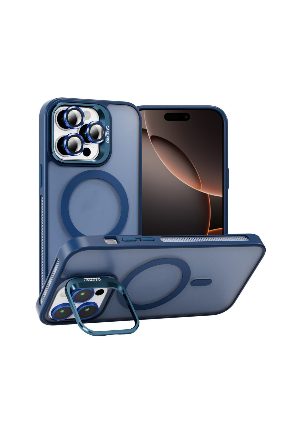 Apple iPhone 16 Pro Max ile Uyumlu Lens Hediyeli Kamera Korumalı Wireless Şarj Özellikli Standlı Premium Kılıf - Lacivert