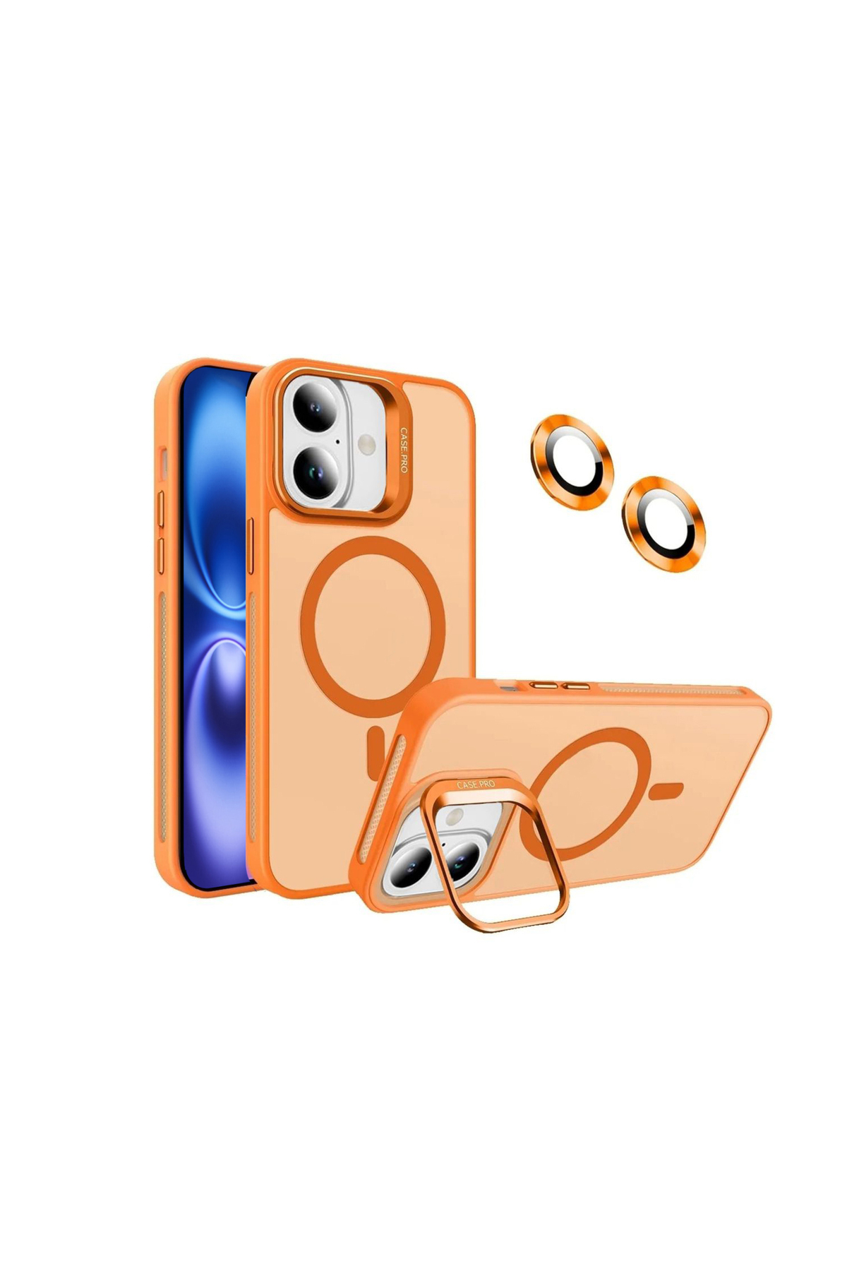 Apple iPhone 16 ile Uyumlu Lens Hediyeli Kamera Korumalı  Wireless Şarj Özellikli Standlı Premium Kılıf - Turuncu