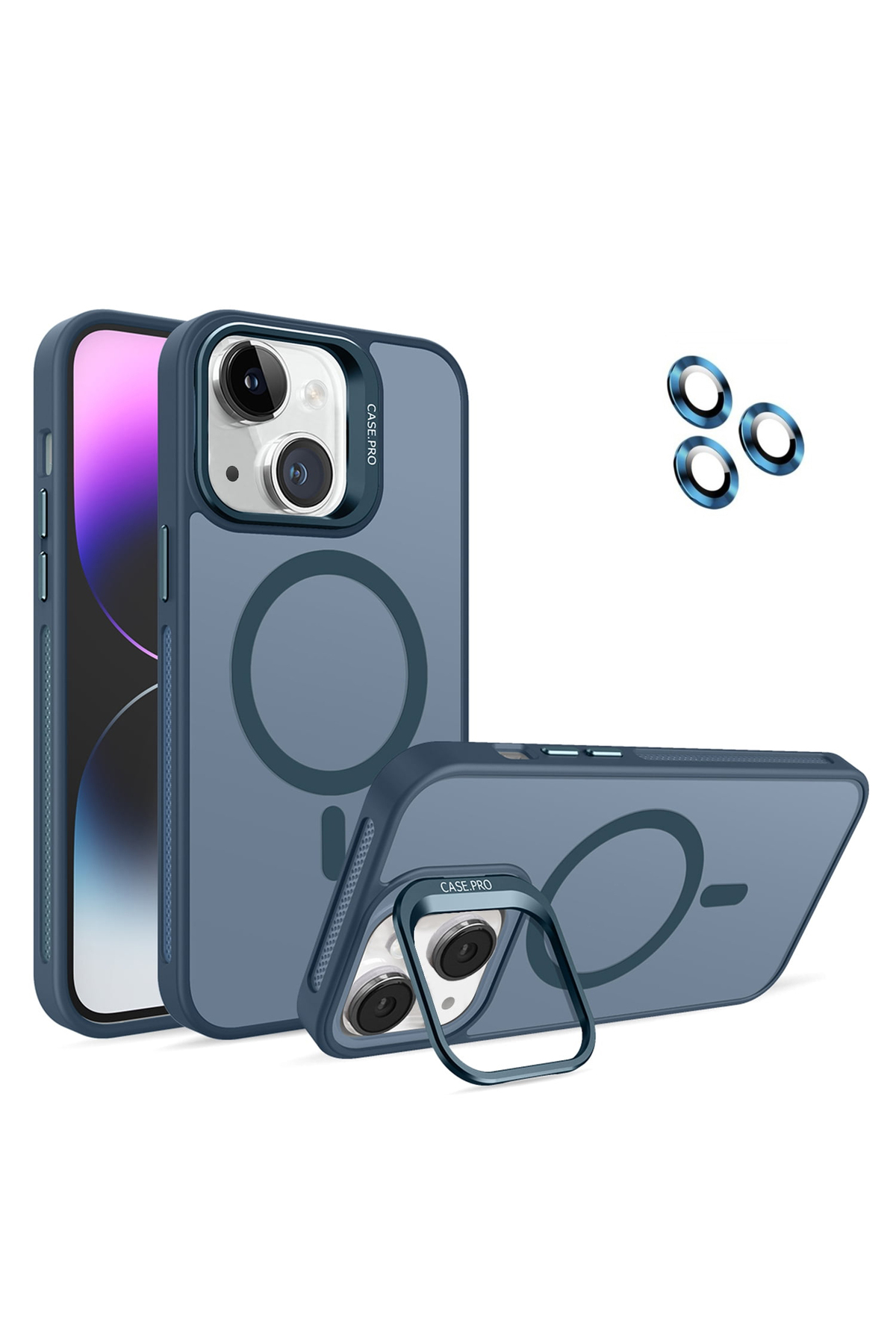 Apple iPhone 14 ile Uyumlu Lens Hediyeli Kamera Korumalı  Wireless Şarj Özellikli Standlı Premium Kılıf - Lacivert