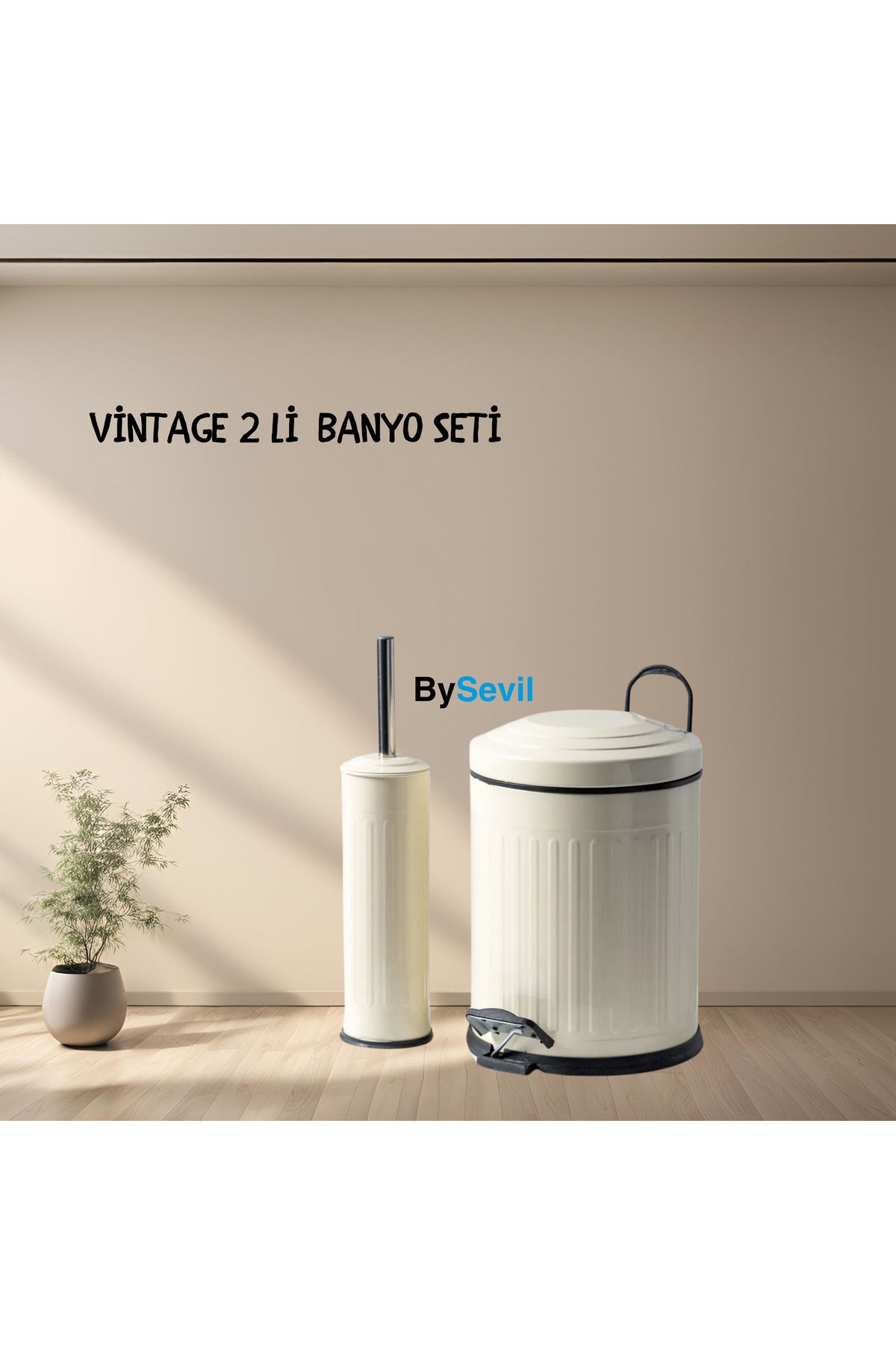 BySevil Vintage 2 Li Banyo Seti Beyaz | Çizgili Model 5 Litre Ve Wc Fırçası Seti