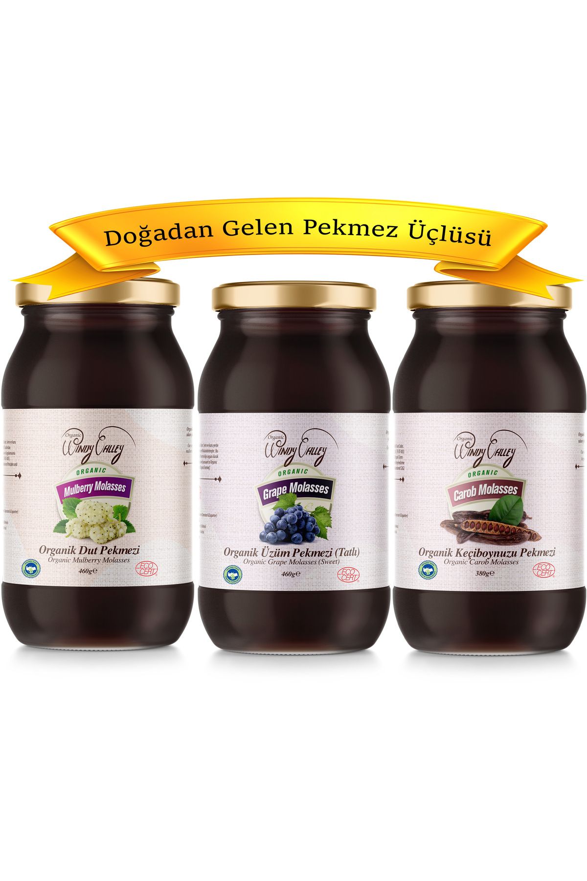 Organic Windy Valley Organik Pekmez Seti (3'LÜ SET) - Üzüm, Dut, Keçi Boynuzu Pekmezi