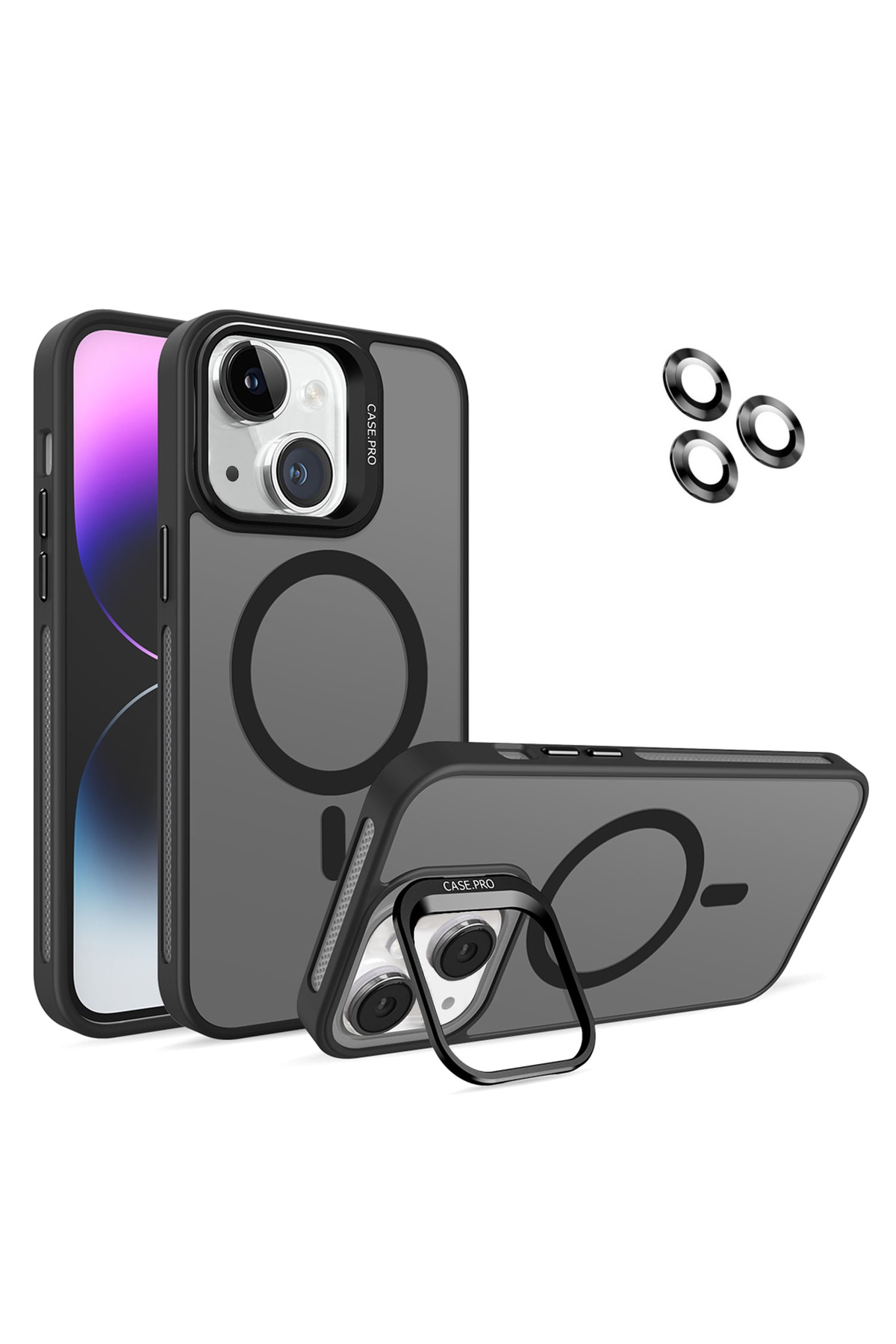 Apple iPhone 14 ile Uyumlu Lens Hediyeli Kamera Korumalı  Wireless Şarj Özellikli Standlı Premium Kılıf - Siyah