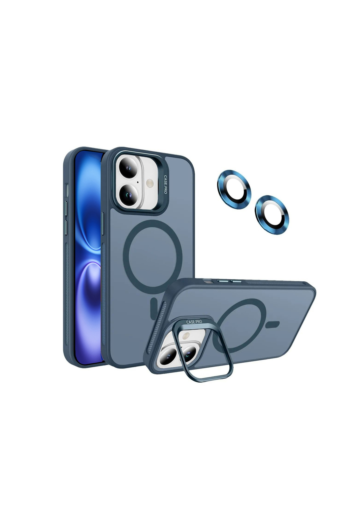 Apple iPhone 16 ile Uyumlu Lens Hediyeli Kamera Korumalı  Wireless Şarj Özellikli Standlı Premium Kılıf - Lacivert