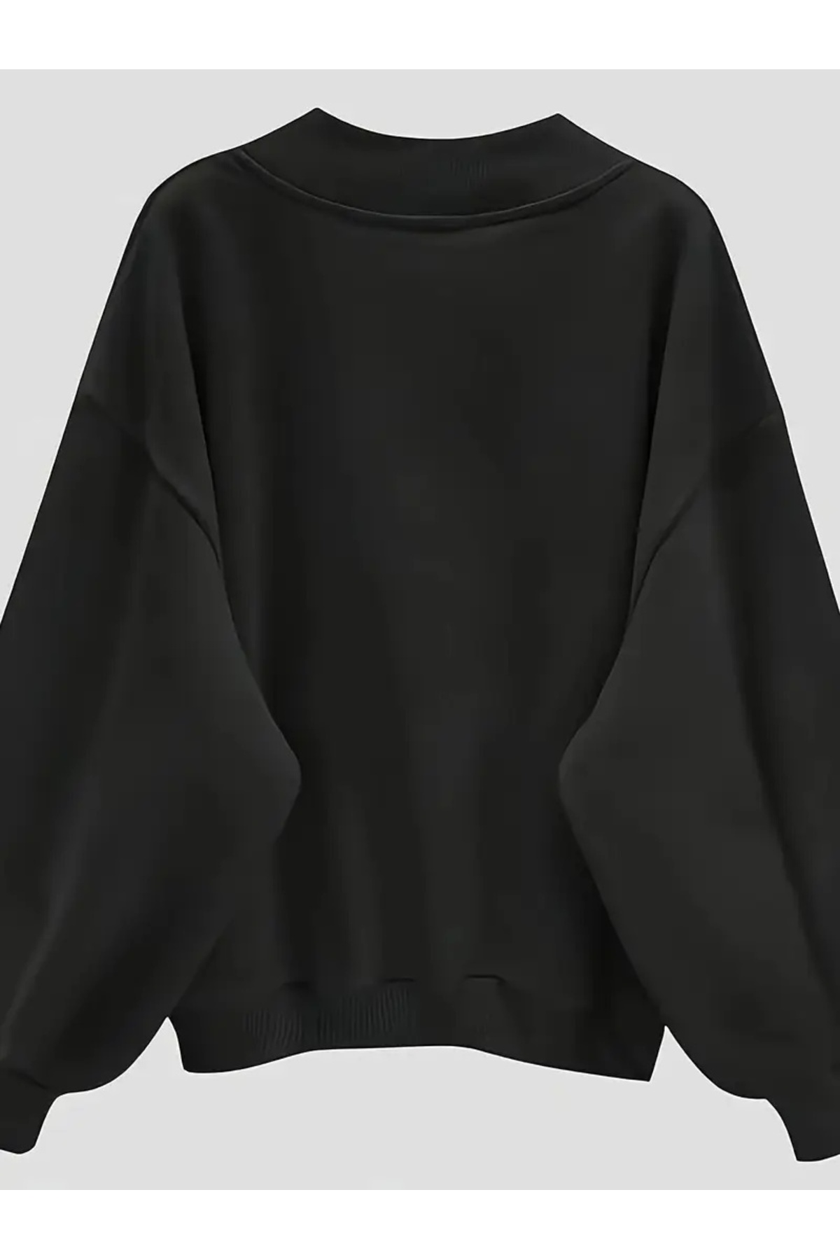 FUWEAR  Siyah Oversize V Yaka Düz Sweatshirt - Görsel 3