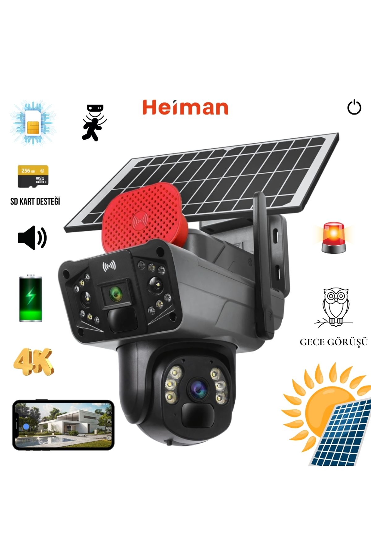 Heiman 2 Kameralı 4G Solar Panelli Güneş Enerjili Sim Kartlı 6mp Sirenli Alarmlı Çift Sesli Kamera