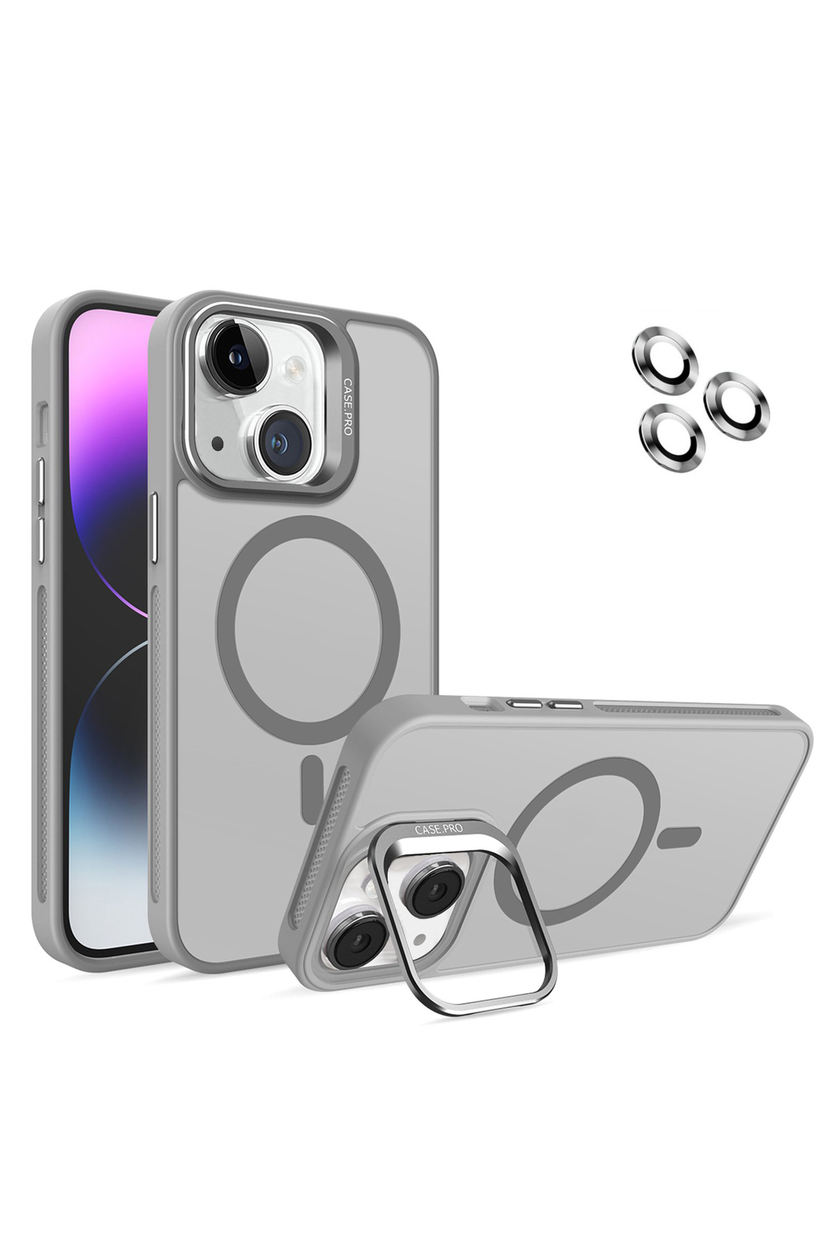 Apple iPhone 14 ile Uyumlu Lens Hediyeli Kamera Korumalı  Wireless Şarj Özellikli Standlı Premium Kılıf - Gri