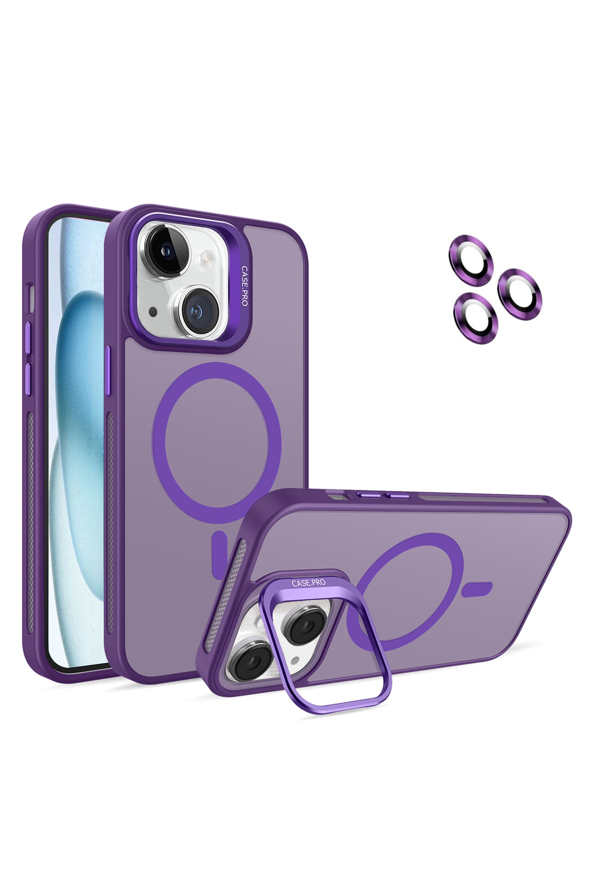 Apple iPhone 15 ile Uyumlu Lens Hediyeli Kamera Korumalı  Wireless Şarj Özellikli Standlı Premium Kılıf - Mor