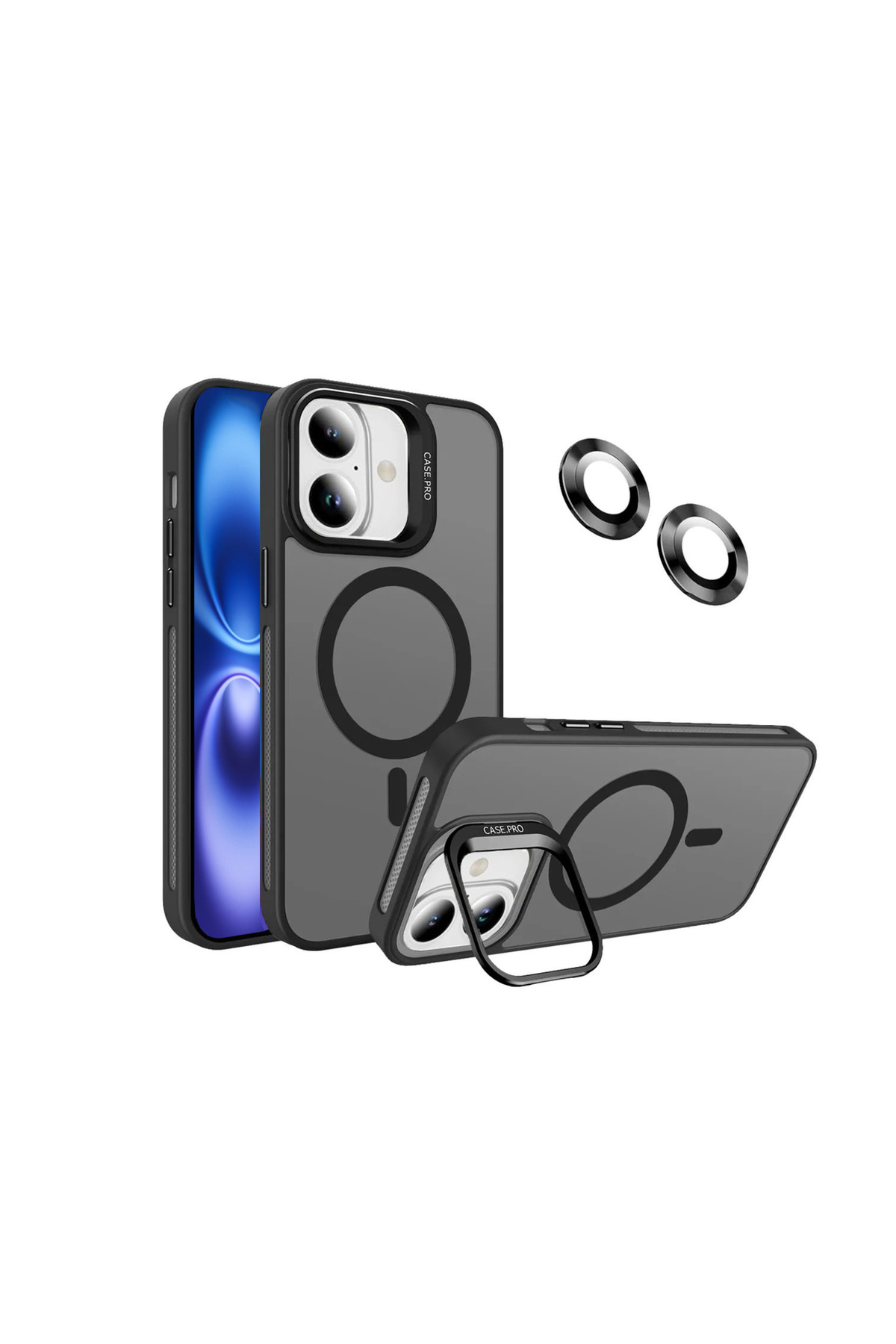 Apple iPhone 16 ile Uyumlu Lens Hediyeli Kamera Korumalı Wireless Şarj Özellikli Standlı Premium Kılıf - Siyah