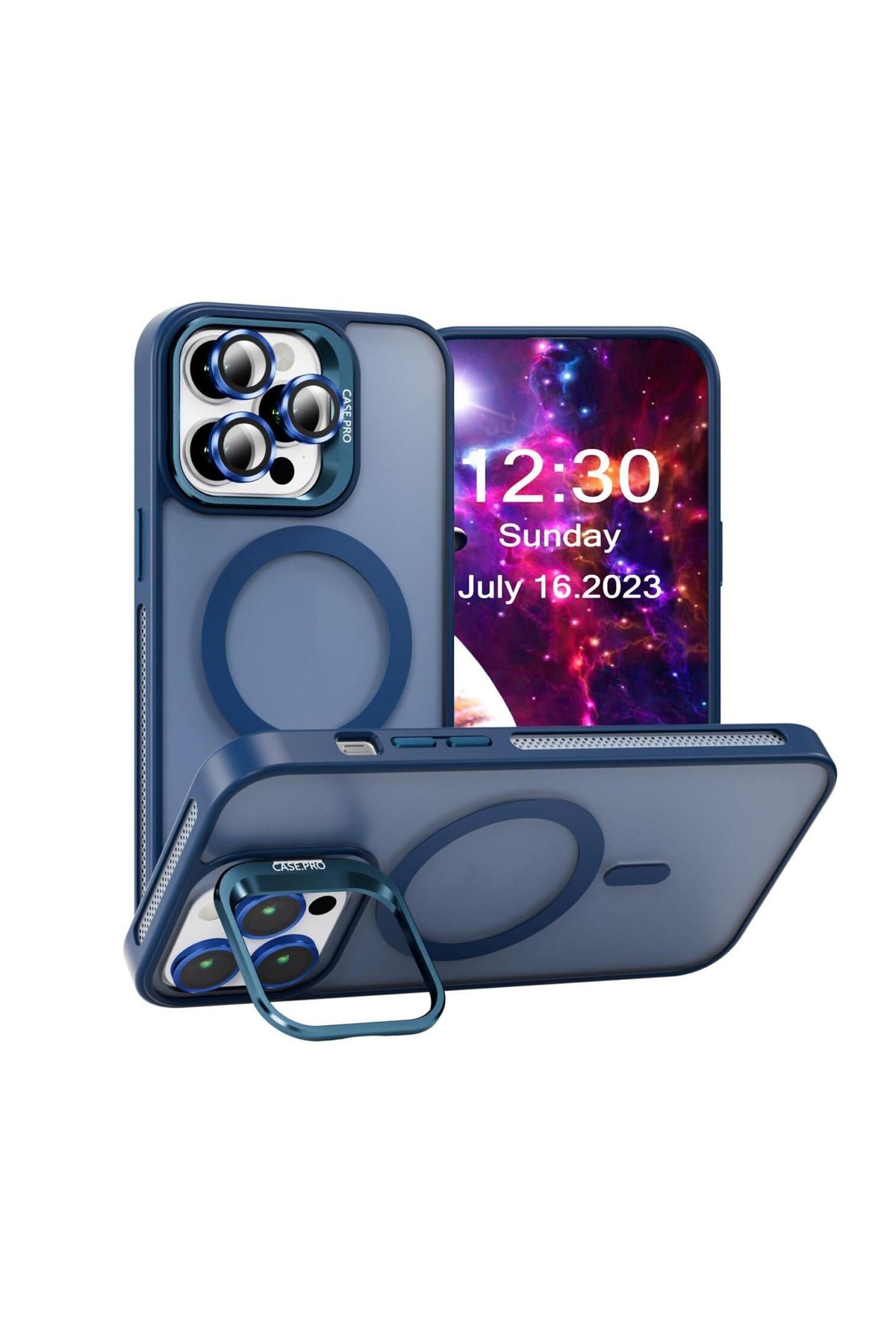 Apple iPhone 15 Pro ile Uyumlu Lens Hediyeli Kamera Korumalı  Wireless Şarj Özellikli Standlı Premium Kılıf - Lacivert