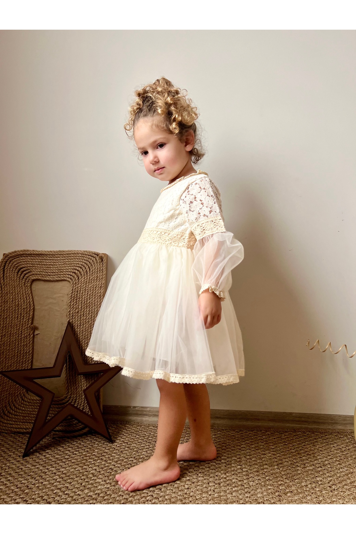 penu baby kids Ekru Çiçekli Fisto Dantelli Tül Etek Yarı Kumaş Yarı Tül Uzun Kol Kız Çocuk Kız Bebek Elbise fotoğrafı 7 (önizleme)