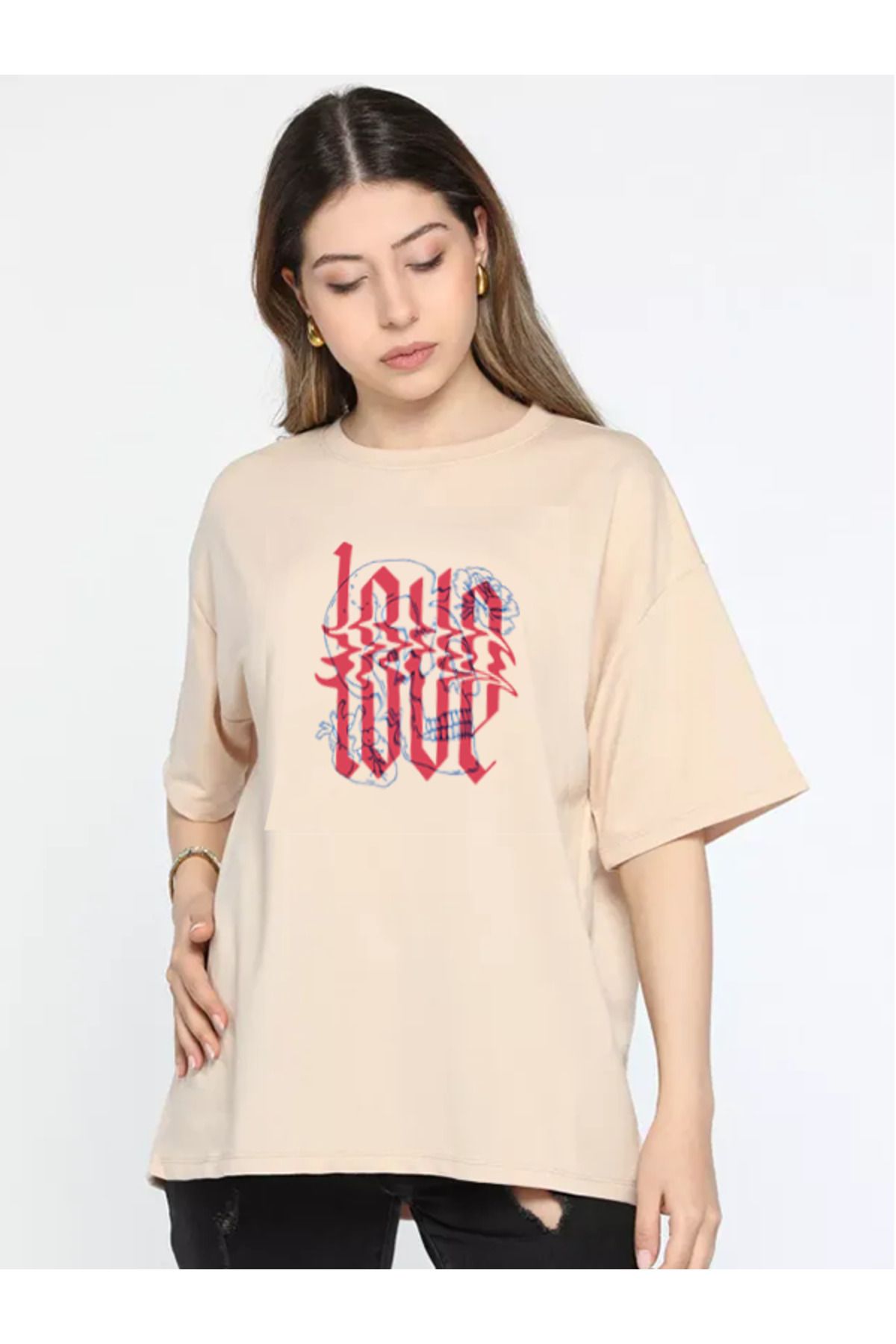 Boi Kadın Love Kurukafa tasarım Oversize Bol Kalıp Günlük Pamuklu Siyah Beyaz Kısa Kol T-shirt