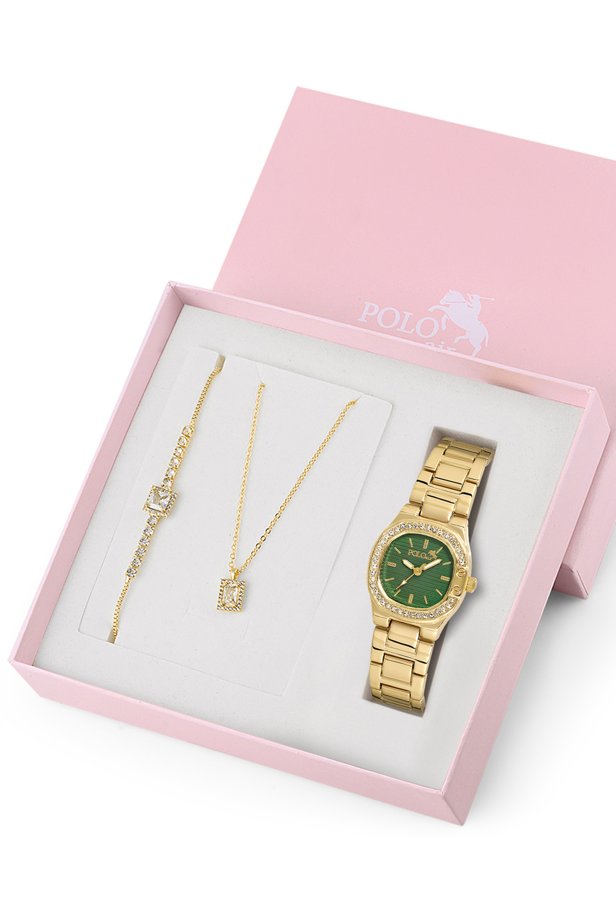 Polo Air Lüx Taşlı Kadın Kol Saati Kare Zirkon Taşlı Kolye Bileklik Özel Kombin Set Gold Yeşil Renk ST-2147S4