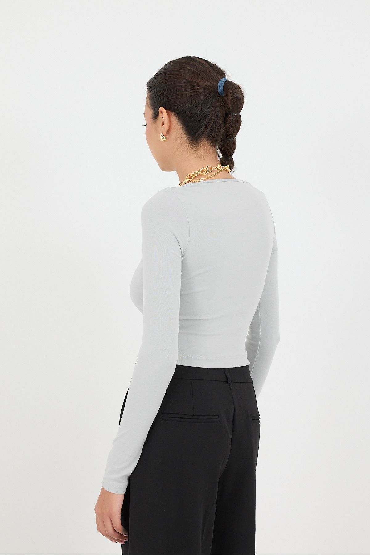 Addax-Square Neck Long Sleeve Basic Crop Blouse B3713-J1 4