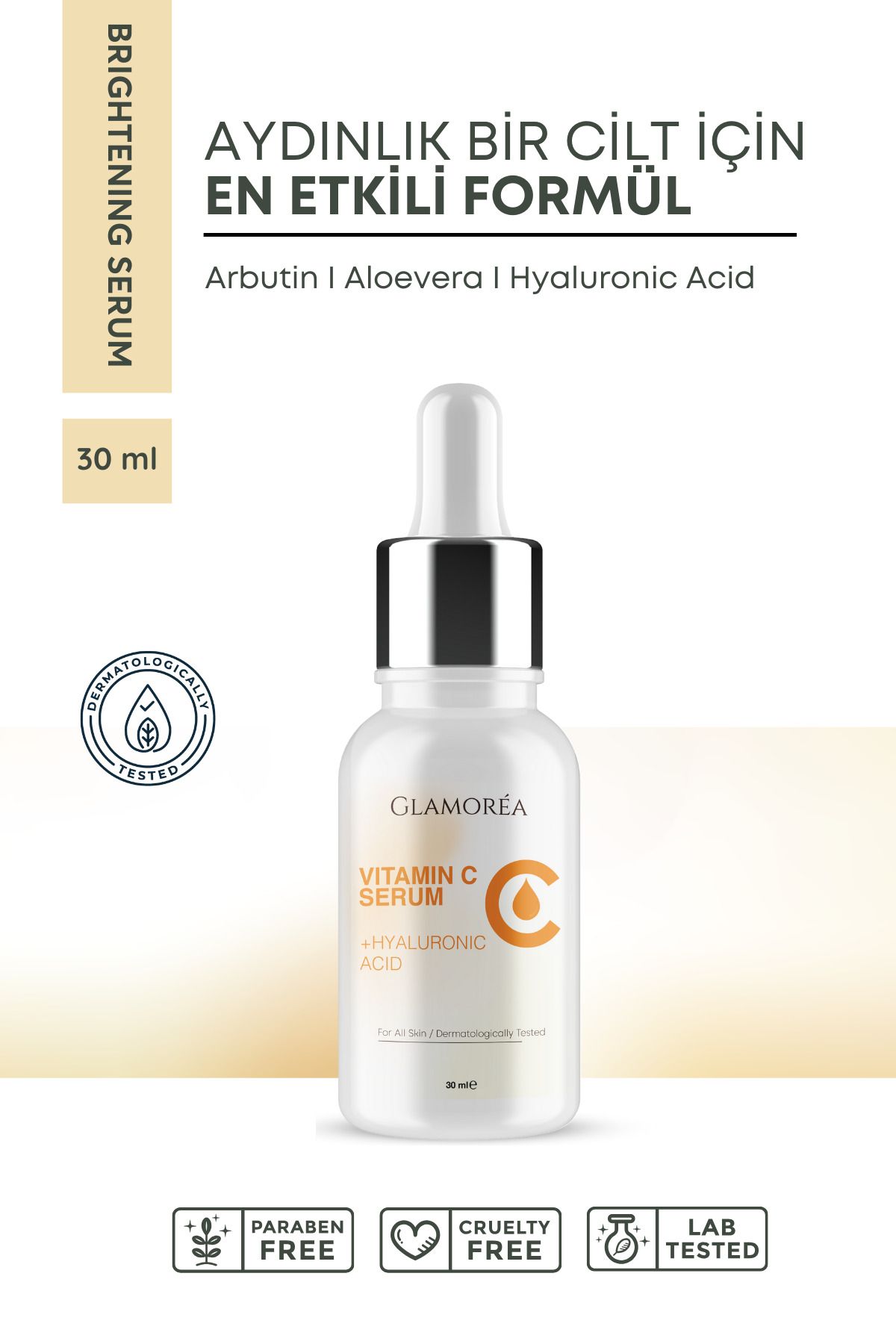 GLAMOREA C Vitamini Aydınlatıcı Renk Tonu Eşitleyici Serum 30ml Vitamin C + Hyaluronic Acid 2%