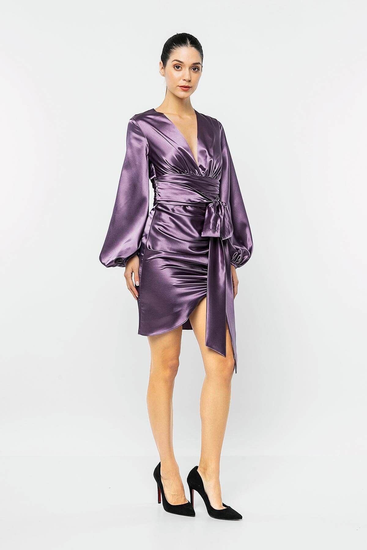 INVIDIA-Balloon Sleeve Draped Satin Mini Dress 3