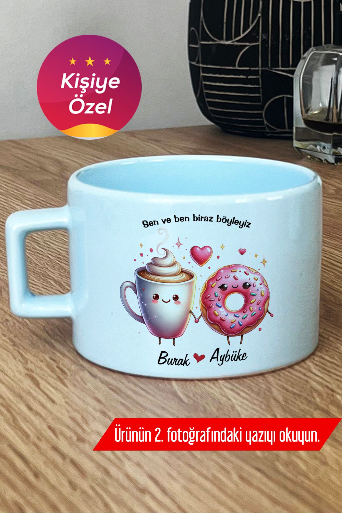 Hedizu Kişiye Özel Kahve ve Donat Pastel Fincan Mavi Sevgililer Günü Hediyesi V9A T6H