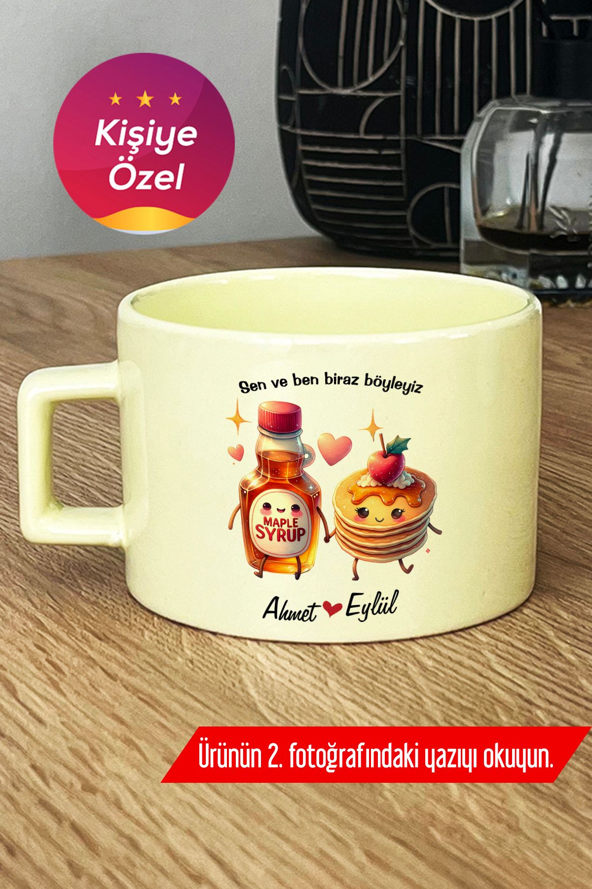 Hedizu Kişiye Özel Bal ve Pankek Pastel Fincan Sarı Sevgililer Günü Hediyesi Q9O N3F