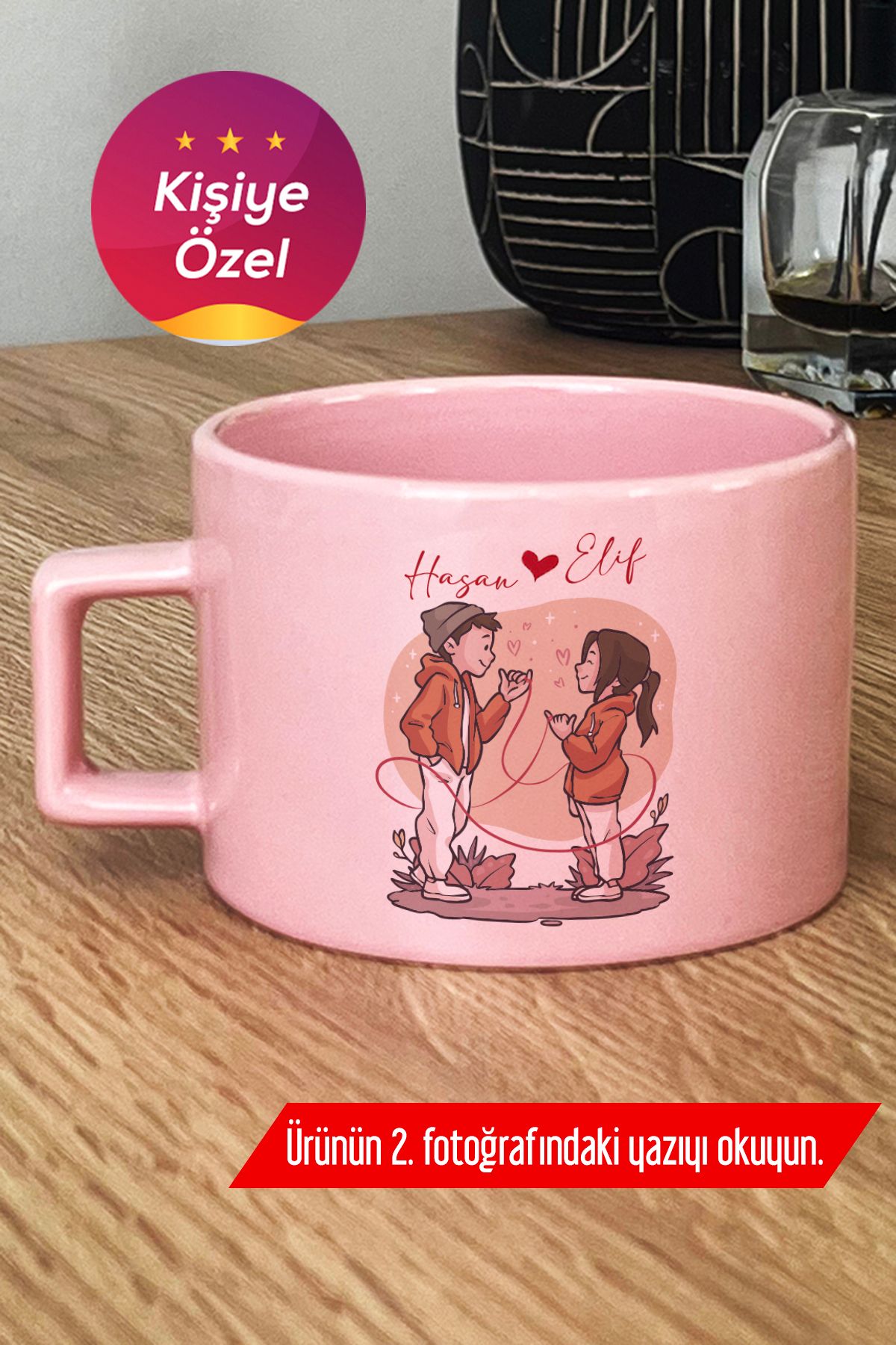 Hedizu Kişiye Özel Tatlı Aşıklar Pastel Fincan Pembe Sevgililer Günü Hediyesi