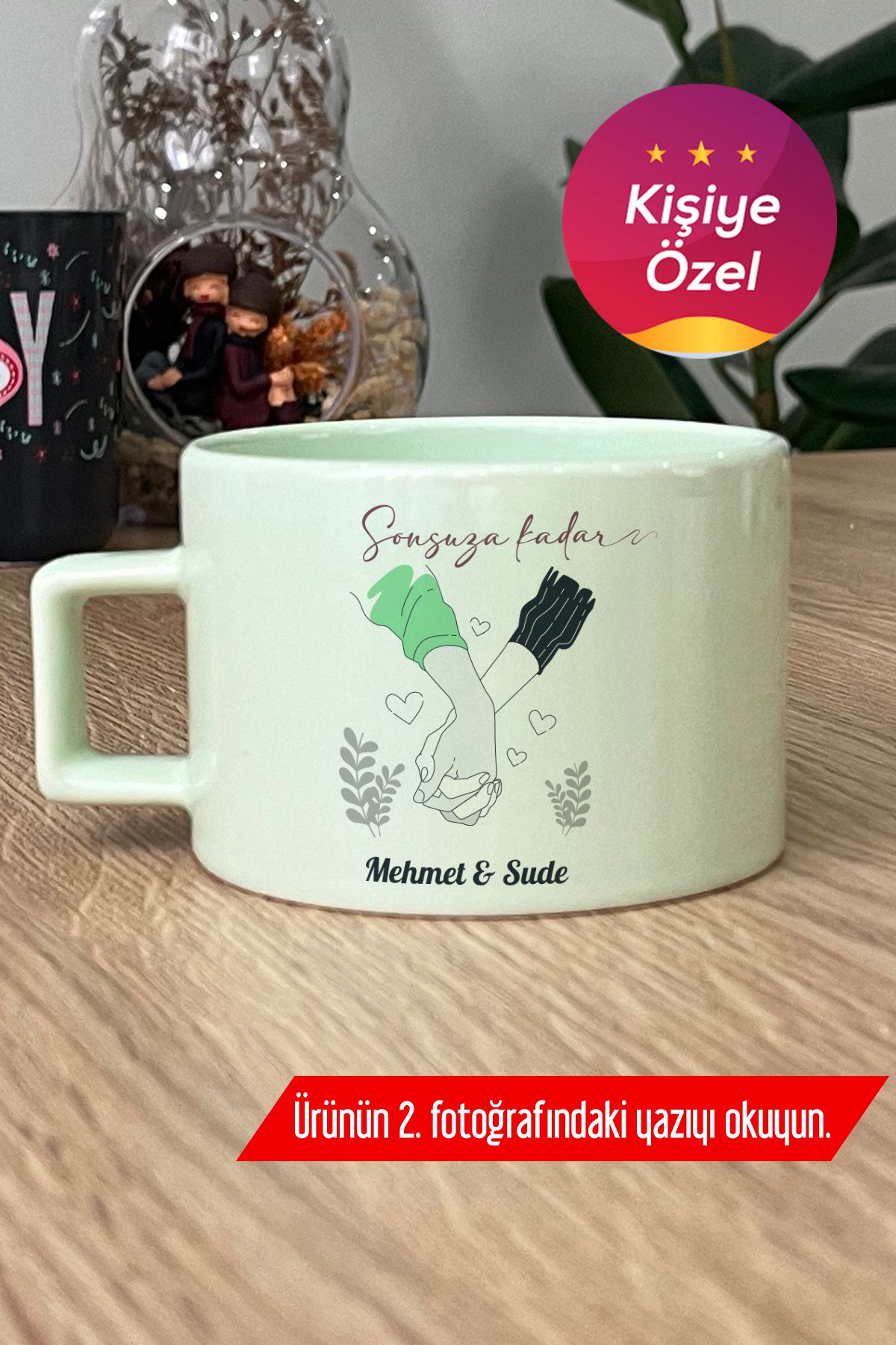 Hedizu Kişiye Özel El Ele Aşıklar Pastel Fincan Yeşil Sevgililer Günü Hediyesi Y5P L6R