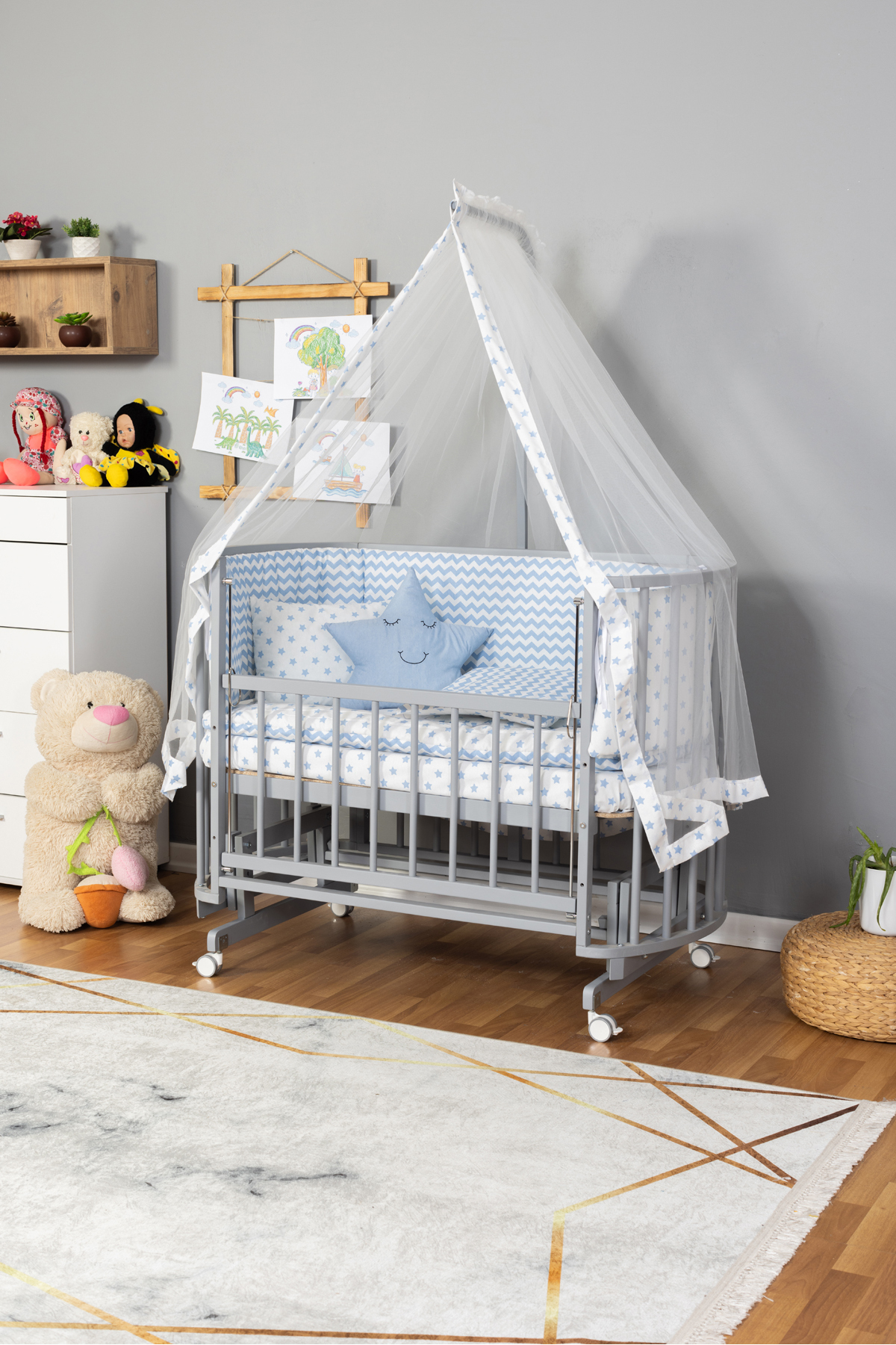 Wooden Crib Mother Side Crib Gray 60x120 Blue Star Sleeping Set Bed with Wheels