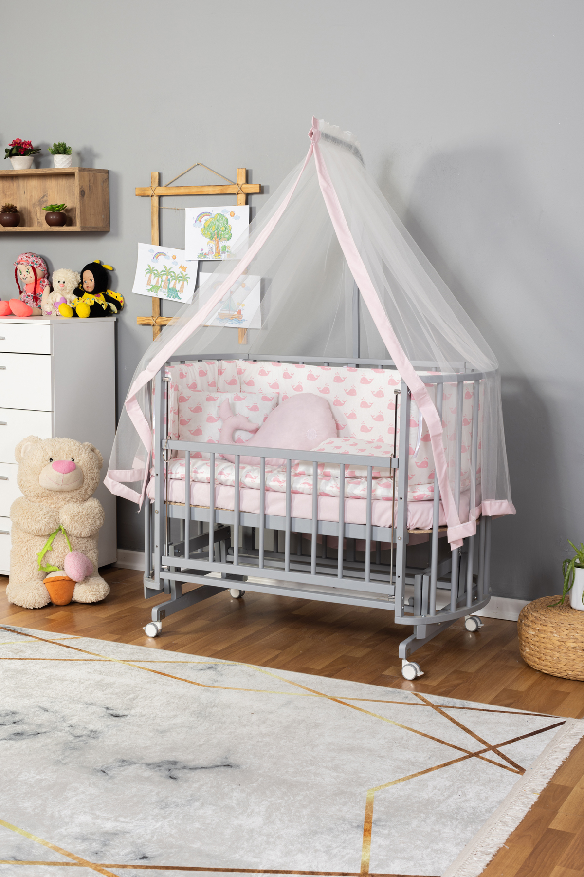 Wooden Crib Mother Side Crib Gray 60x120 Pink Whale Sleeping Set Bed with Wheels
