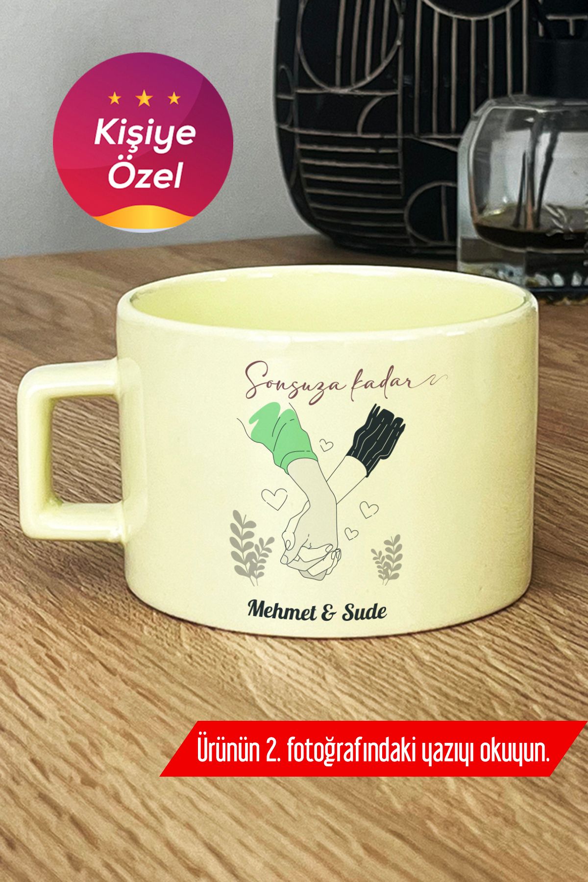 Hedizu Kişiye Özel El Ele Aşıklar Pastel Fincan Sarı Sevgililer Günü Hediyesi S3Z X9O