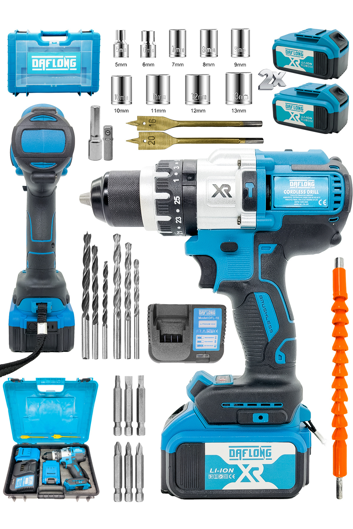 DAFLONG Brushless 21v 3000mah Çelik Şanzıman 10 Pilli Çift Akülü Darbeli Şarjlı Matkap Vidalama-mavı