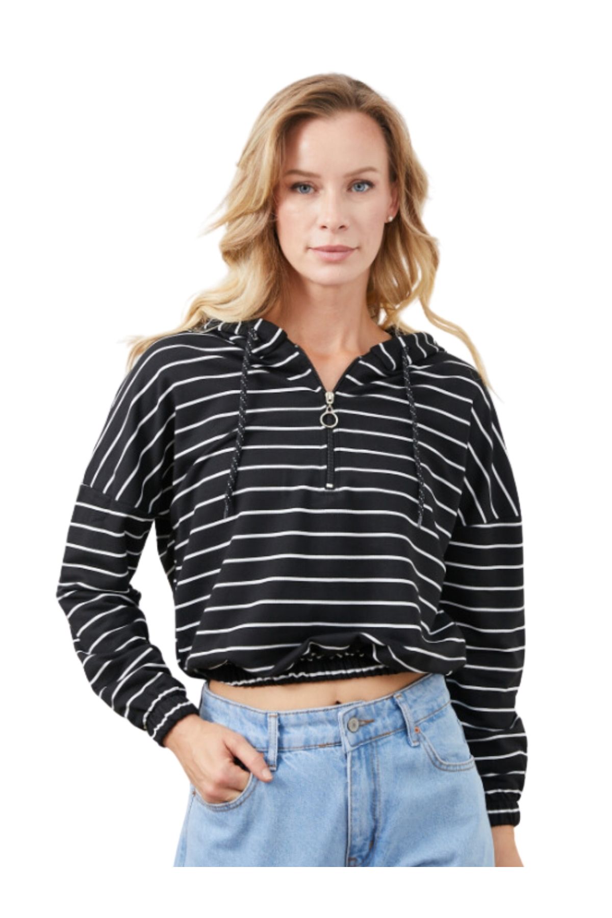 A&B STORES Çizgili Crop Oversize Kapüşonlu Sweatshirt