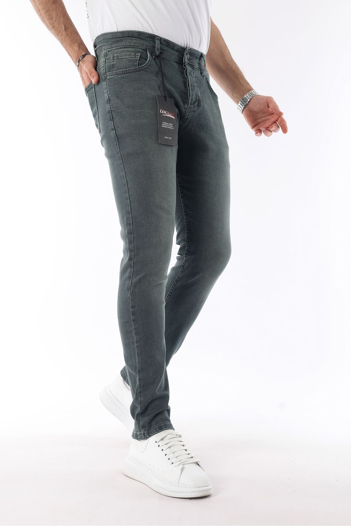 LOCUS JEANS Erkek Yeşil Taşlamalı Slim Fit Dar Paça Esnek Kot Pantolon Lcs58931087