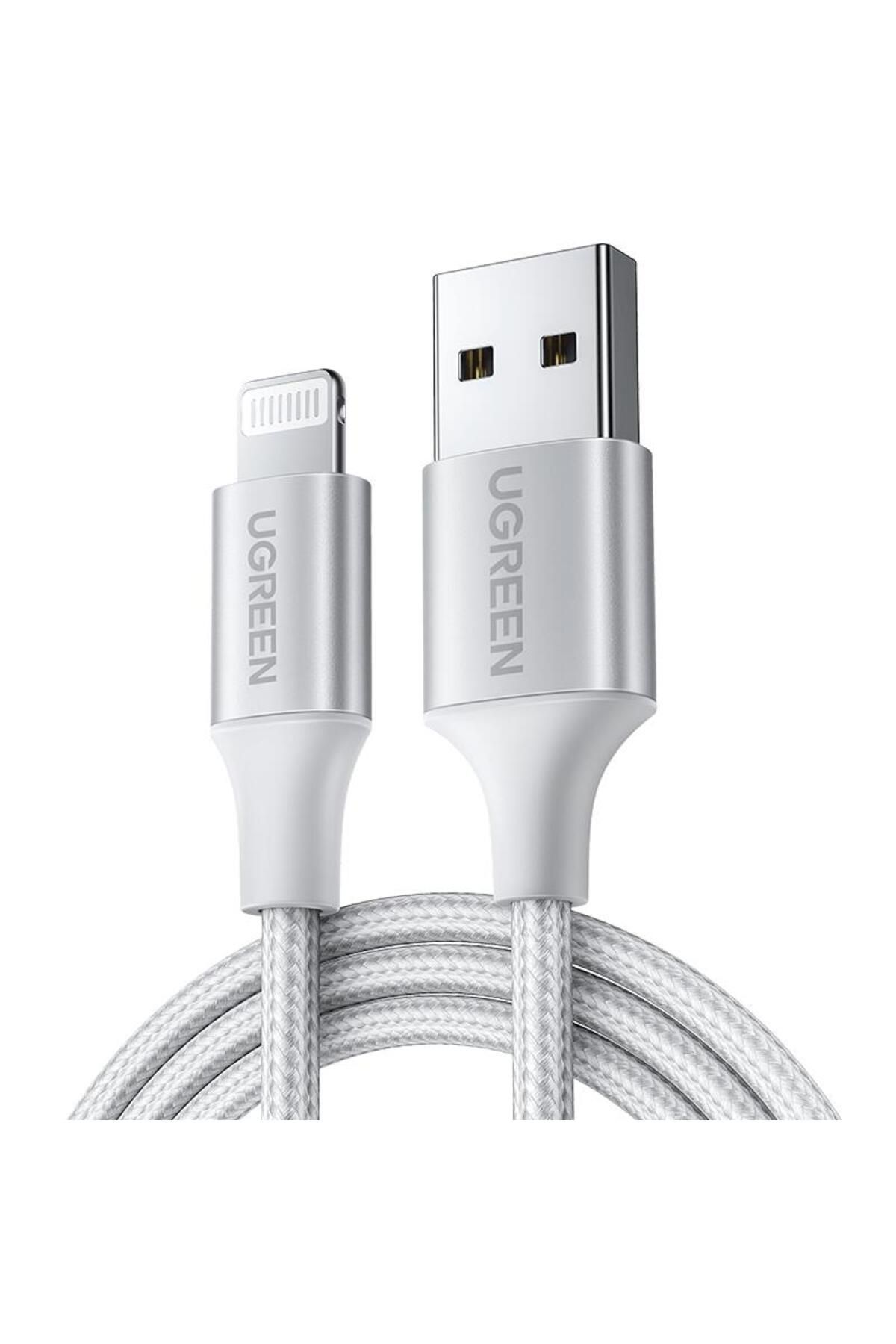 Ugreen LIGHTNING TO USB-A ÖRGÜLÜ MFİ SERTİFİKALI İPHONE HIZLI ŞARJ KABLOSU 2 METRE GÜMÜŞ