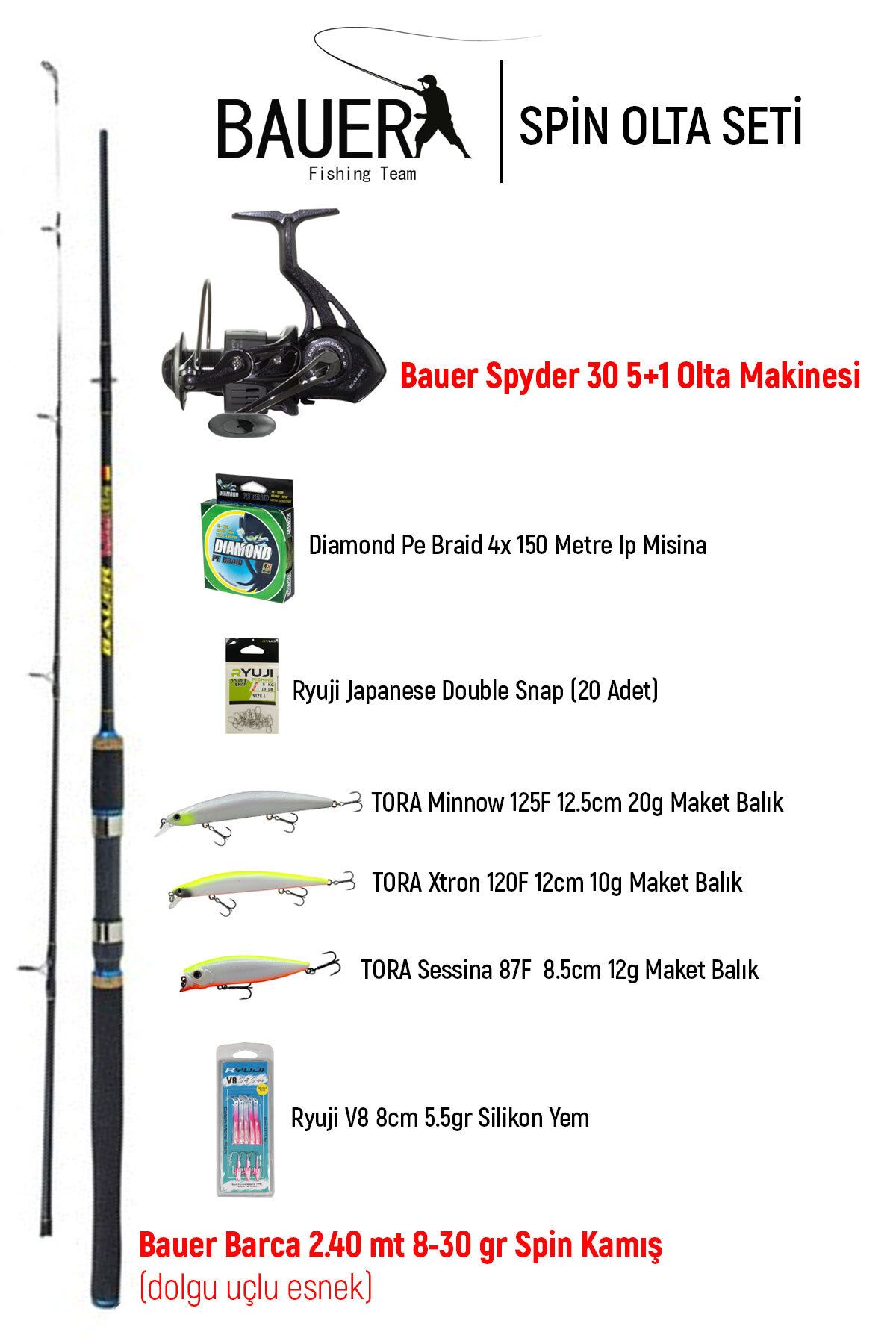 BAUER Spin Olta Seti 240cm 8-30gr Kamış - 3000 lik Makine