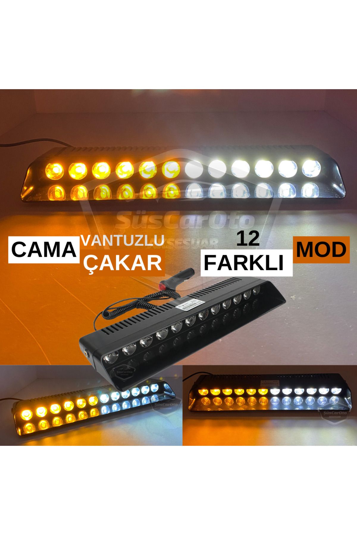 caralp S12 Cam İçi Vantuzlu Ambulans İtfaiye Çakar Lamba İkaz Lambası 12 Ledli Sarı Beyaz Çakmaklık Girişli